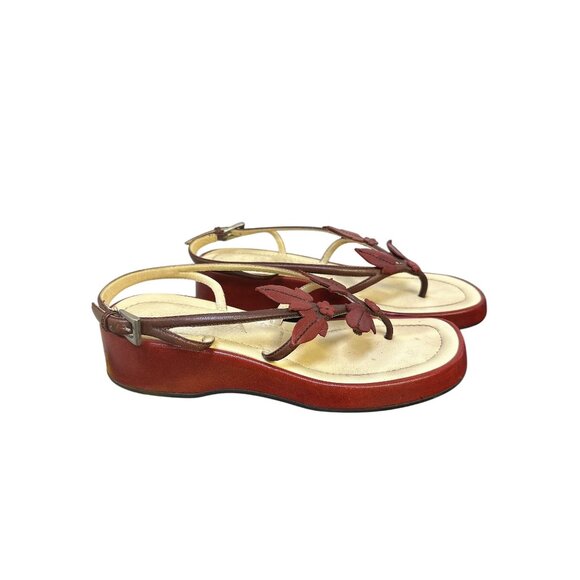 Prada Red & Beige Leather Floral Platform Sandals w/Adjustable Strap Size 5.5 - Picture 1 of 10